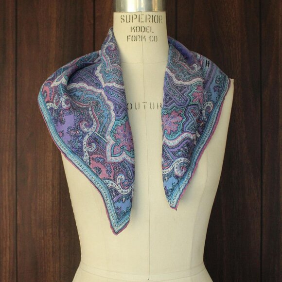 Vintage Vera Scarf, Blue and Purple and Pink Silk and Rayon, Square Designer - Picture 6 of 10